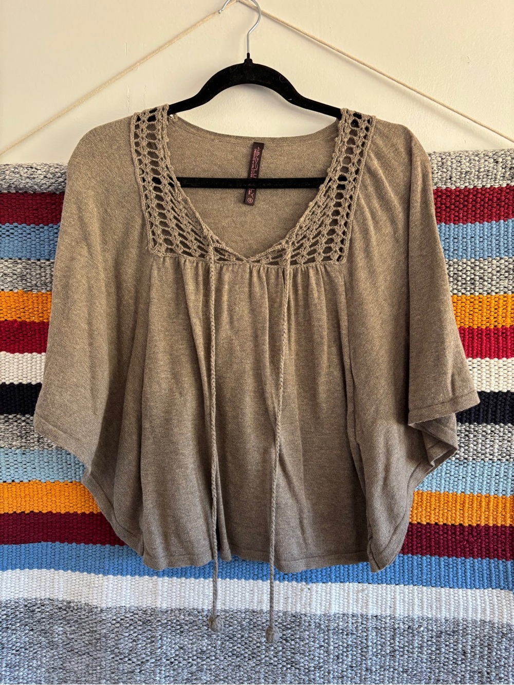 Absolutely Taupe Crochet-Trim Dolman Boho Blouse